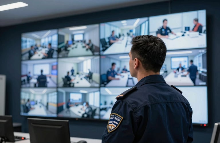 A photograph of a security professional in a International English command center, viewing a wall of high-definition surveillance monitors in a dark navy room.