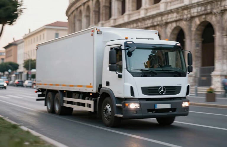 A tow truck moving efficiently through a Roman boulevard. The image captures motion and promptness, utilizing professional cool tones and brand colors.