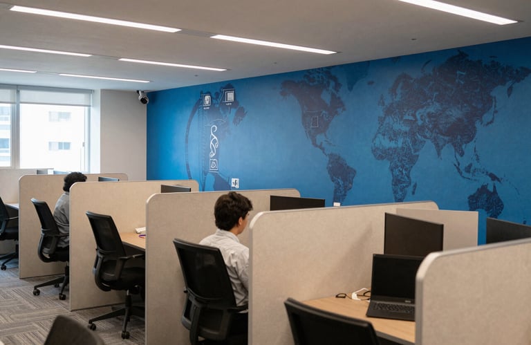 Interior of a high-tech corporate office in Brazil, showing a creative collaboration space with custom-designed visual partitions and wall graphics, medium blue and off-white color palette.