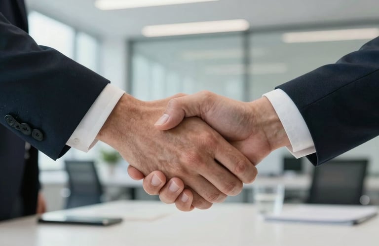 A close-up of two hands in a firm, professional handshake over a clean desk. The background shows a modern, bright office space with cool-toned decor. Northern European business culture.