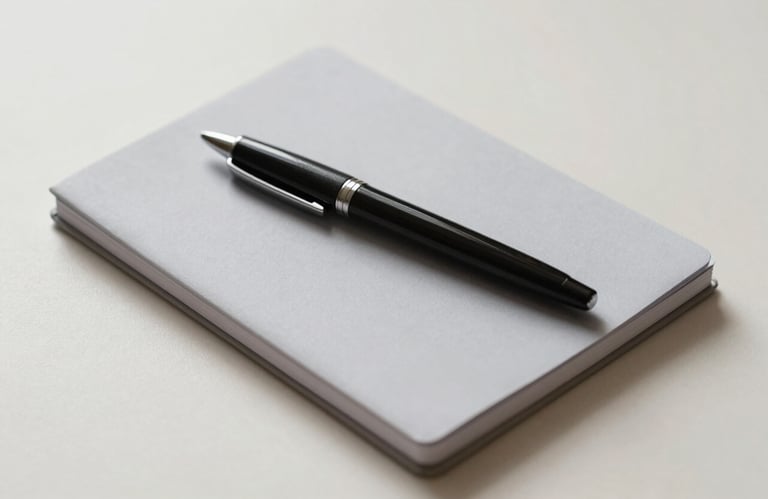Minimalist office supplies including a sleek black pen and a light gray notebook on a pale cream surface, overhead soft lighting.