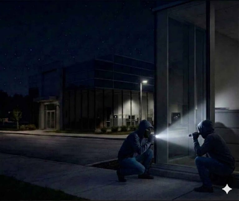 burglary suspects with flashlights looking to break into business at night