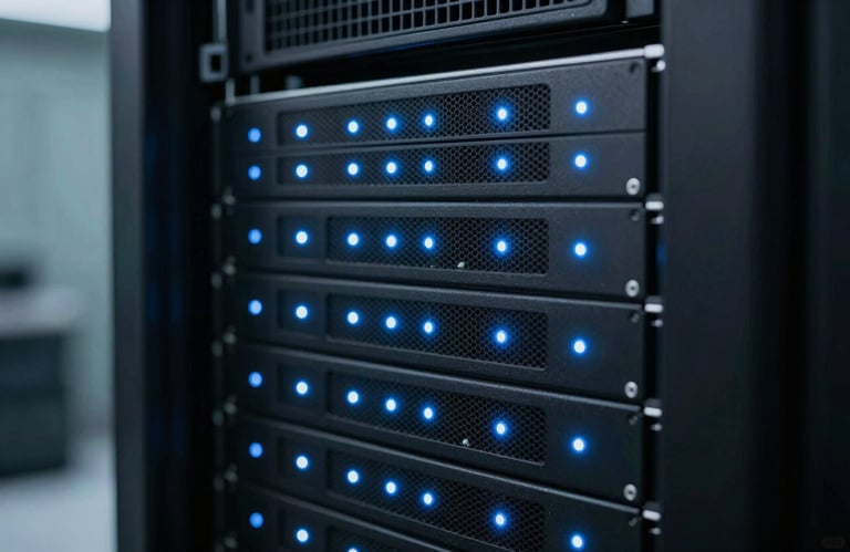 A close-up of a high-performance server rack in a secure data center, glowing with soft Light Blue indicator lights, conveying reliability and modern technology.