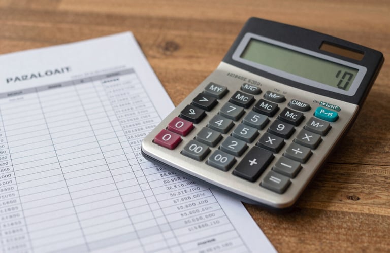 Close up of a financial ledger and a modern calculator on a wooden desk, representing precise financial management in a Brazilian business office.