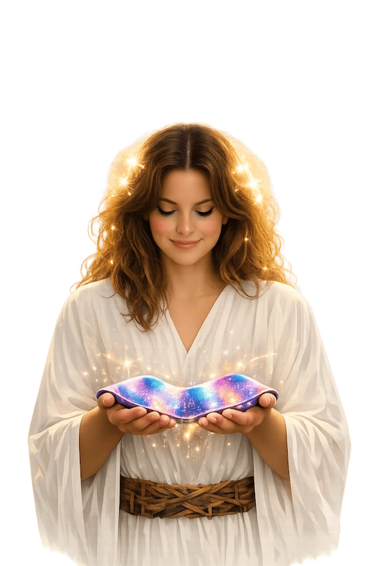 Person in white holding a sash glowing with frequencies, in her hands.Symbolizing wellbeing and curiosity