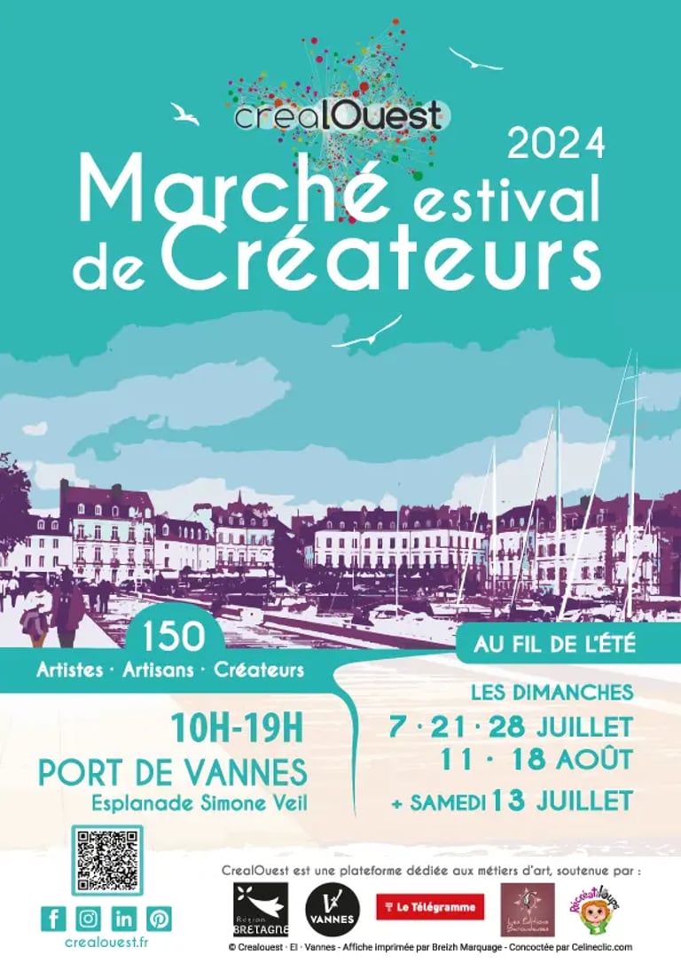 Poster for the 2024 Marche Estival de Createurs in Port de Vannes featuring 150 local artists and artisans.