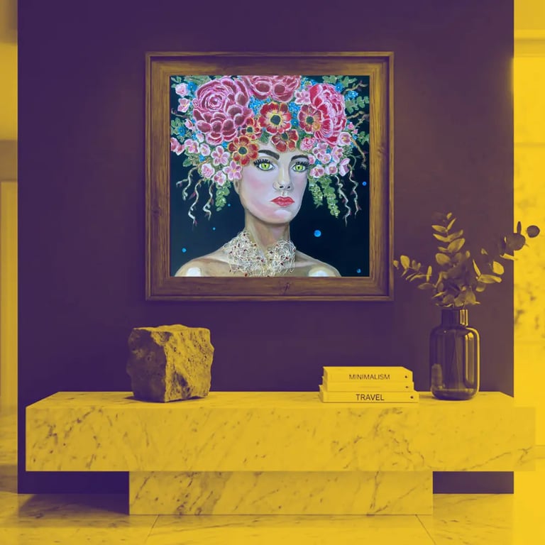Art mural moderne : portrait stylisé d'une femme brune au regard félin portant une imposante coiffe 