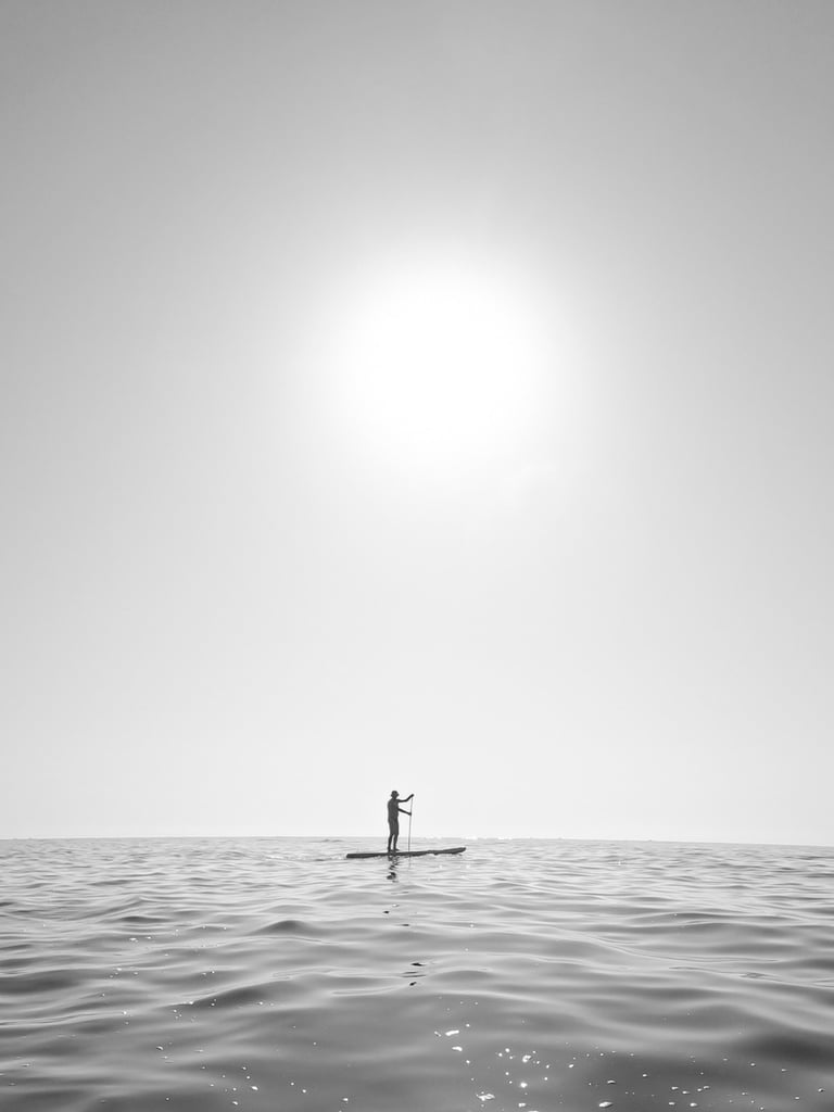 Paddle Surf in the Sea, Minimalist Black and White Photo