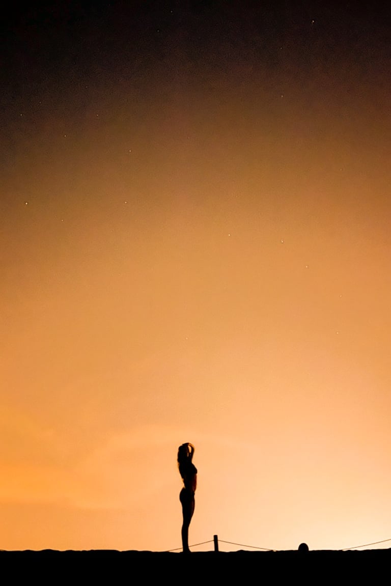 Silhouette of a woman at sunset on the beach.