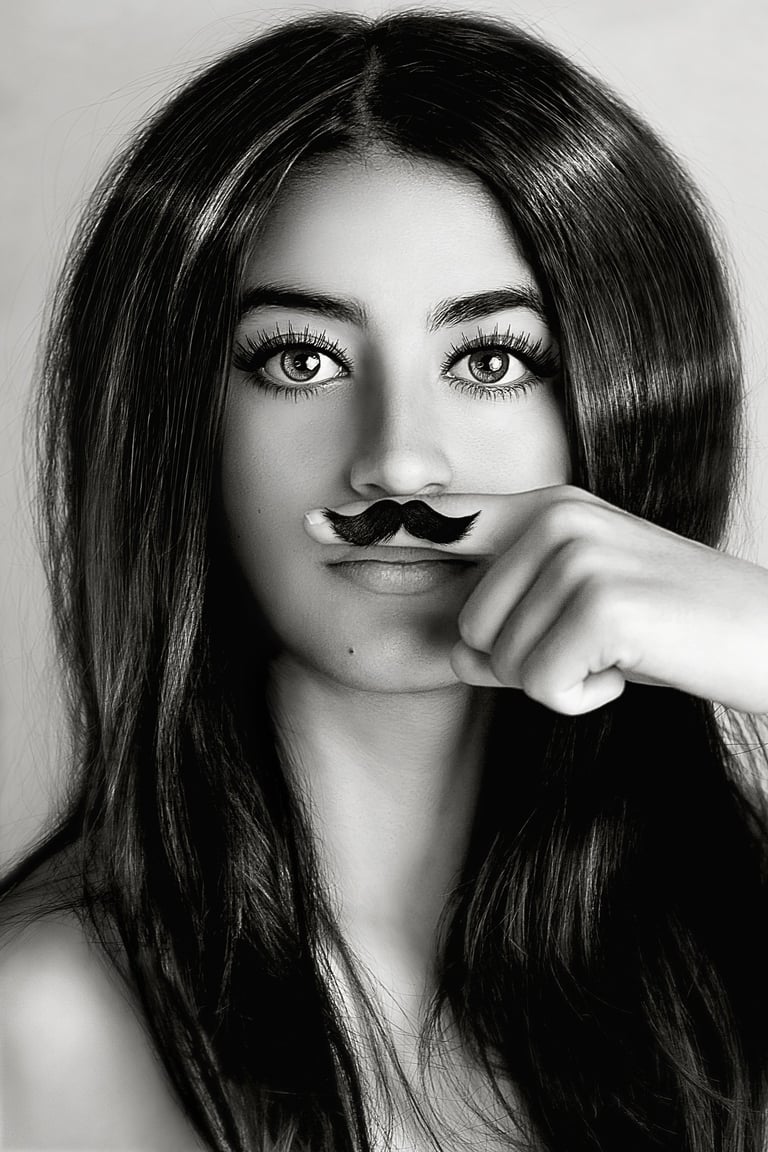 a beautiful girl with a moustache on her index finger, black and white style