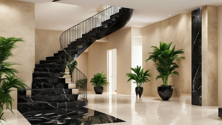 black marble stair case design | spiral stairs | luxury black granite | beige and black interior | royal interior design