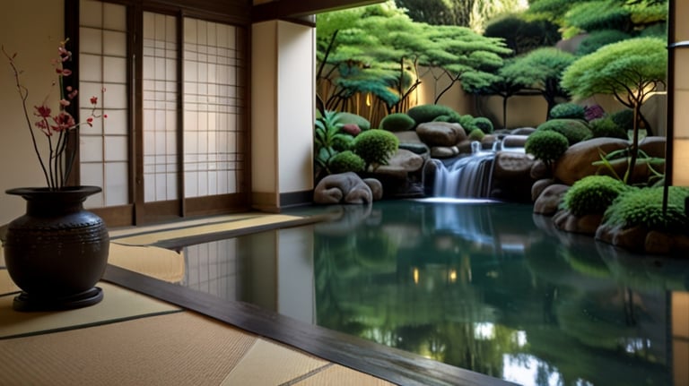 Japanese patio design | Indoor gardens | interior design | water fall | house designing