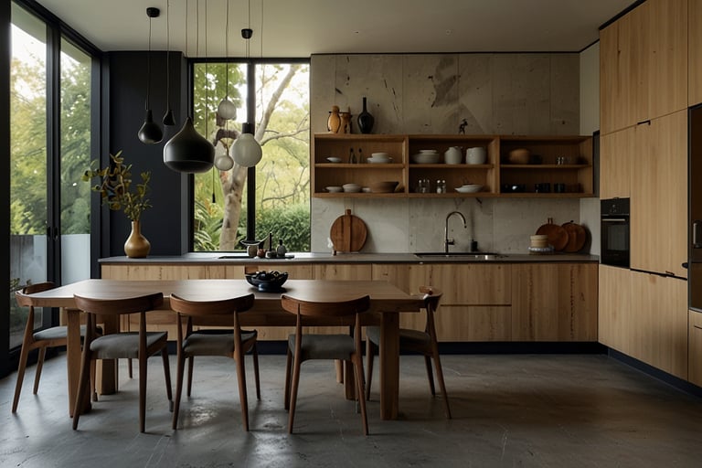 a small functional modern kitchen design | wooden dinning and cabinets | Japandi style