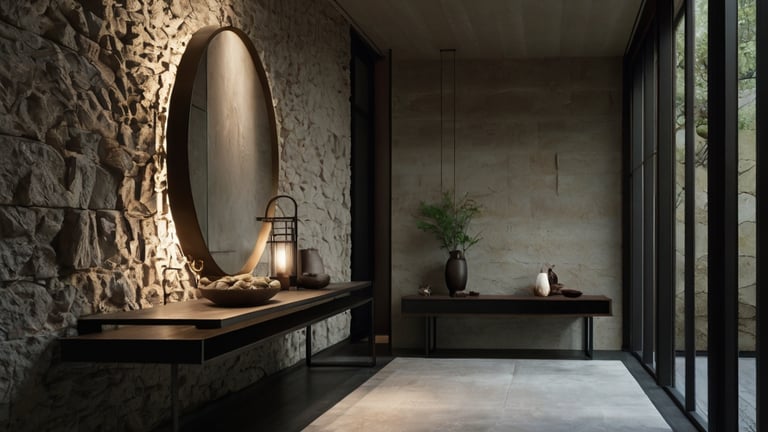 rustic stone feature wall with wooden console and mirror in a lobby area | making this corner a statement | interior design