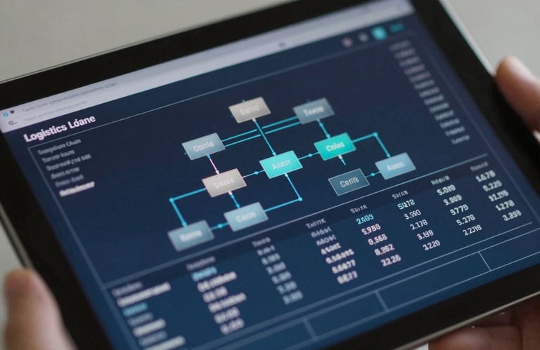 A close-up of a tablet displaying complex logistics supply chain graphics and inventory numbers, emphasizing control and expertise.