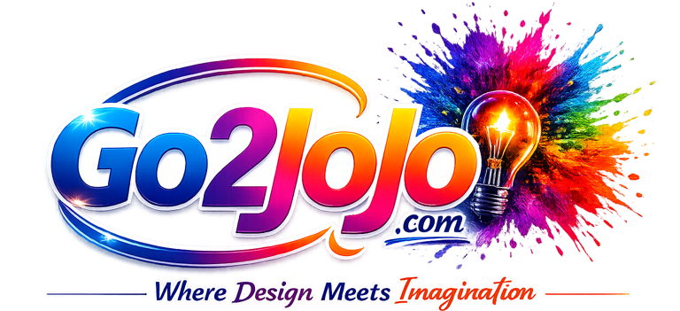 Go2Jojo logo with a glowing lightbulb and colorful paint splash, featuring the slogan Where Design Meets Imagination.