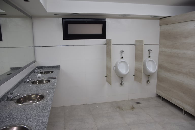 piletas y mingitorio en baño de fábrica