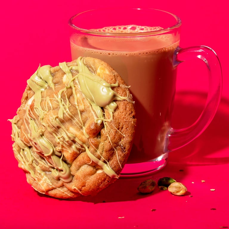 Pistachio cookie leaning on a cup of tea