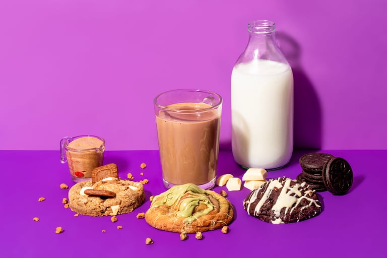 Poster material with cookies, tea and milk