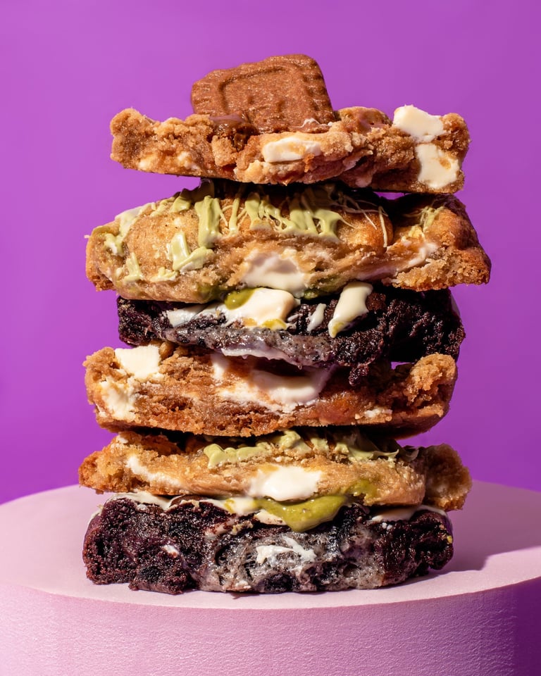 Cross section of cut cookies on a prop stand