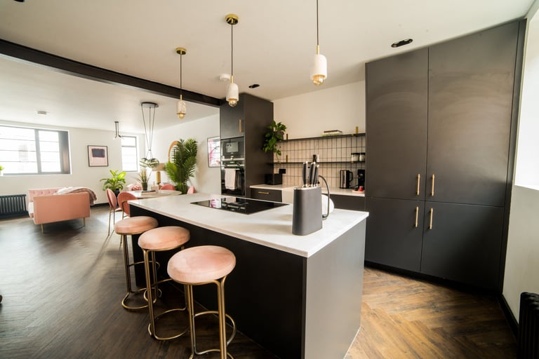 View from the corner of the kitchen looking onto the living room