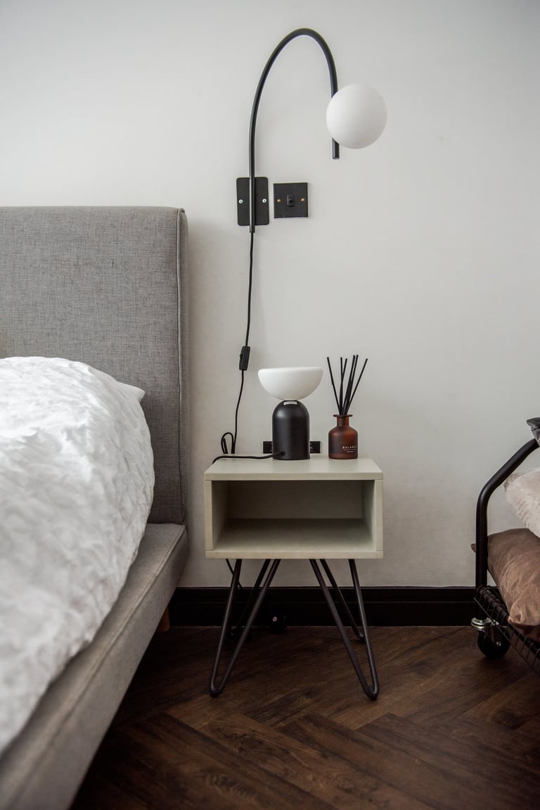 Bedroom details of a modern bedside cabinet and lamp