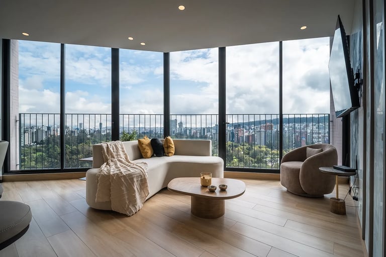 Sala de estar de fotógrafo de airbnb de lujo en centro financiero de Quito