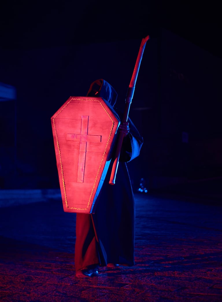 Fotografía de hombre disfrazado de la muerte con colores rojos y azules