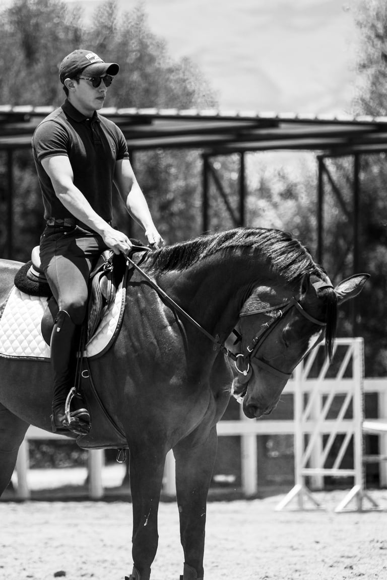 Hombre musculado montando un caballo fornido en blanco y negro