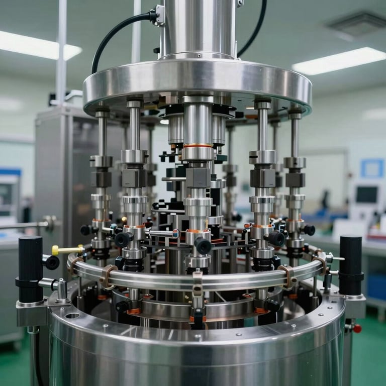 High-speed photography of an automated pharmaceutical bottling line in a South Asian / Indian plant, with stainless steel systems and bright lighting.
