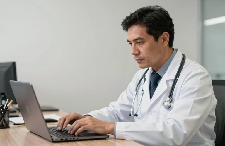 A South American medical professional in a white coat typing on a modern laptop in a well-lit office, representing the competence of remote medical services.