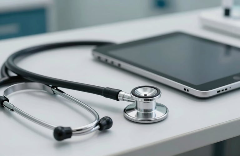 A close-up shot of a modern medical stethoscope resting on a white clinical desk next to a digital tablet, soft professional lighting in a South American medical setting.