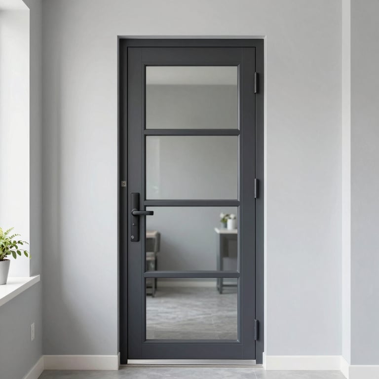A photograph of a modern entrance door with glass inserts, showcasing professional installation in a bright Bulgarian home interior with pale gray walls.