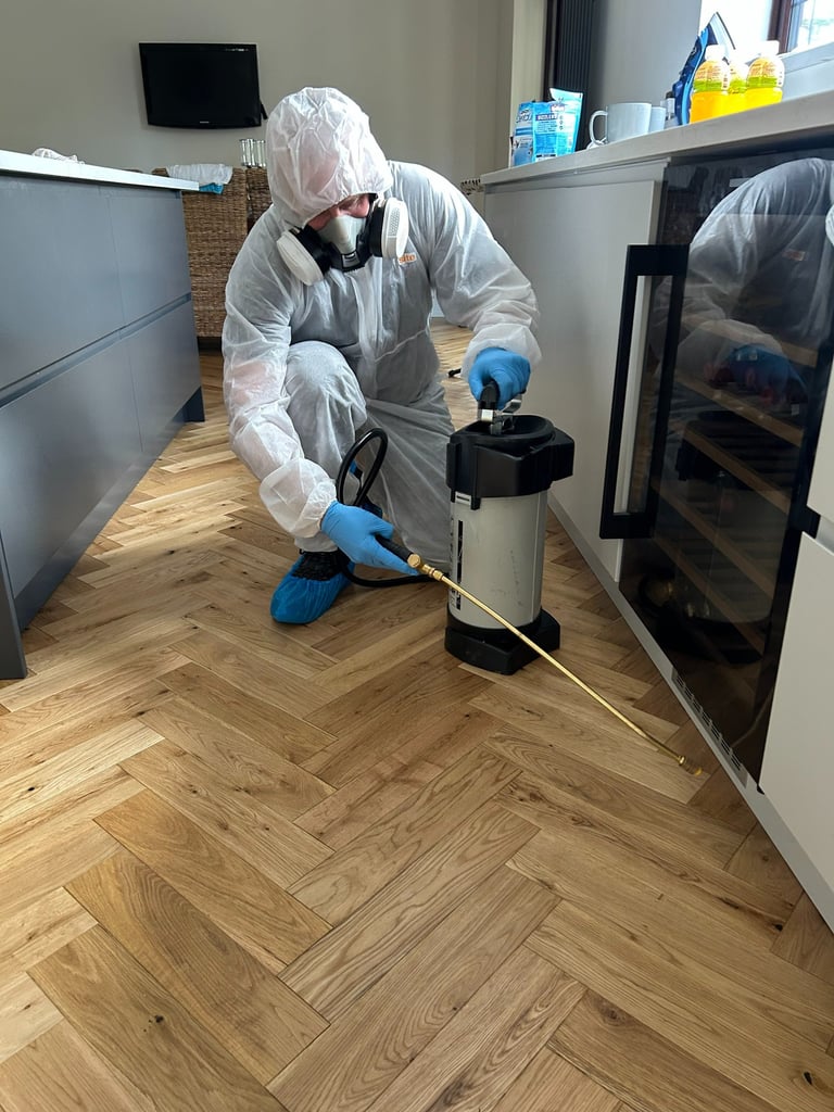 Professional insect eradication spray treatment in a kitchen 