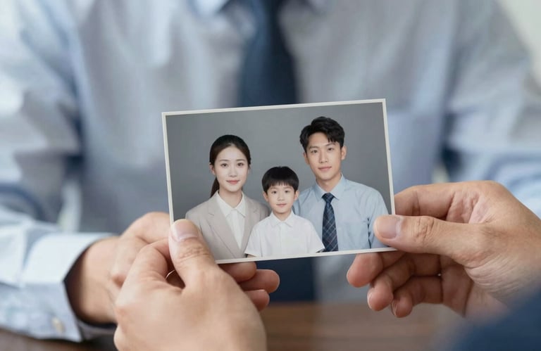 A close-up of a person's hands holding a family photograph with care, suggesting the human element of legal work, with a soft palette of #8BA0B3.