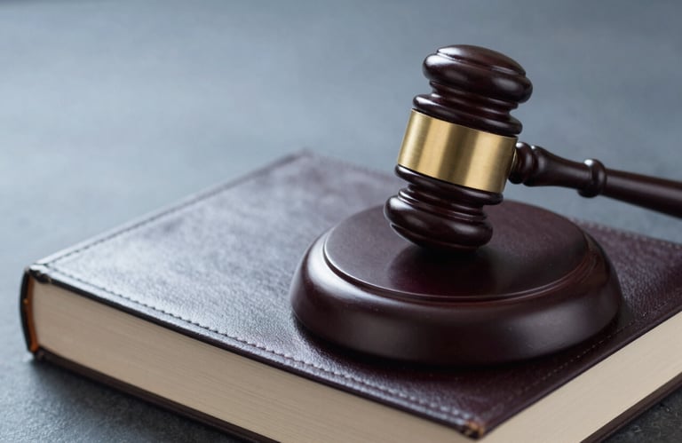 A gavel resting on a leather-bound law book, representing legal authority and expertise, shot in high resolution with professional lighting and #0E2A47 tones.