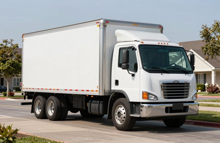 A heavy-duty box truck making a delivery in a professional North American suburban business park, clean and reliable presentation.