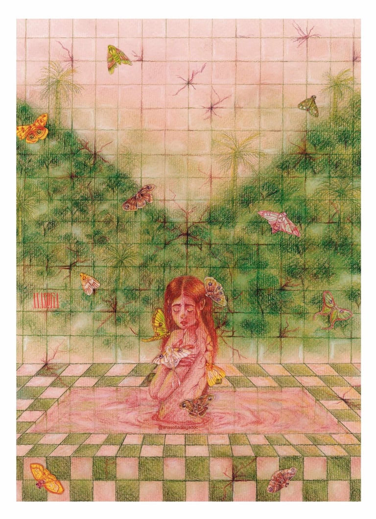 ilustracion rosada en bañera