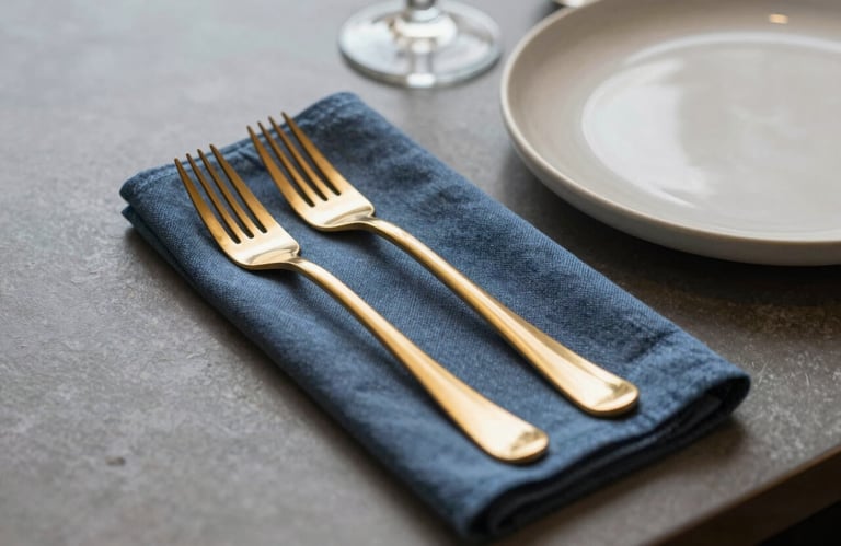Minimalist table setting in a North American venue with polished gold forks, a slate blue linen napkin, and a beige ceramic plate.