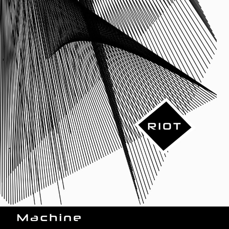 Abstract black and white geometric line art with RIOT logo and Machine text.