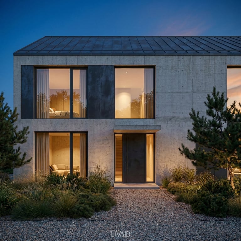 Frontale Ansicht des Einfamilienhauses Haus L mit puristischer Sichtbetonfassade, großen Glasfronten