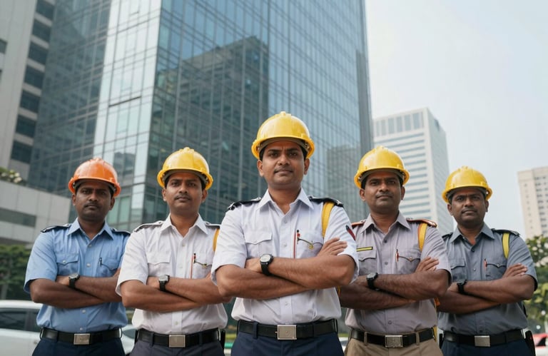 A group of five South Asian / Indian fire safety engineers in professional uniforms standing confidently in front of a glass-fronted commercial tower in an Indian business district.