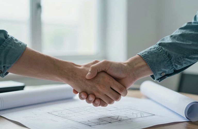 A conceptual photo of two hands shaking over a architectural blueprint in a bright North American / US studio, using a palette of soft blue and muted teal.