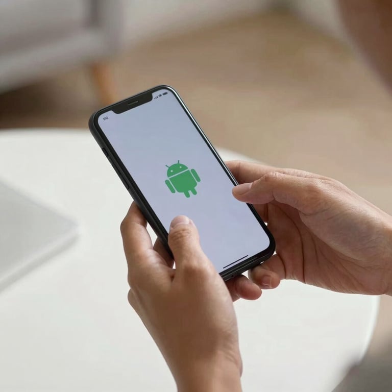 Close-up of a person's hands operating an Android mobile device in a clean, modern North American interior with soft lighting.