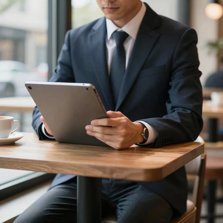 A person in smart-casual attire using a tablet in a bright, sophisticated North American cafe, with soft natural light streaming through large windows.