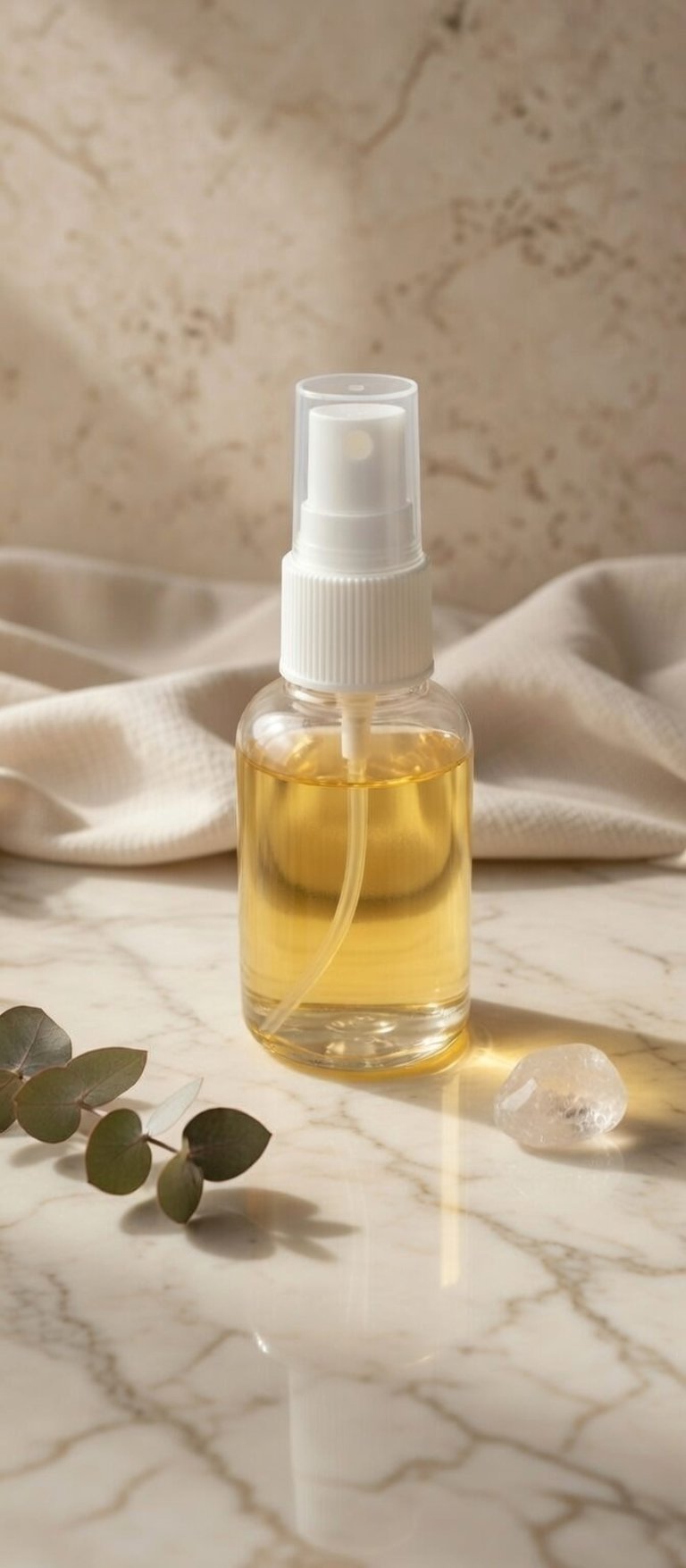 Clear spray bottle with golden essential oil on a marble surface with eucalyptus leaves.