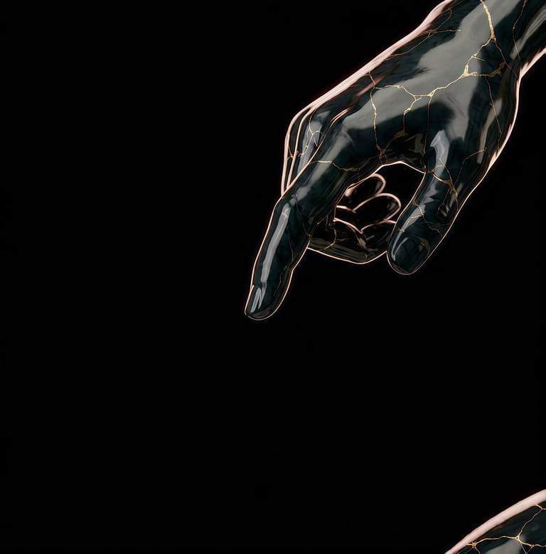 Elegant black marble hand with gold kintsugi cracks pointing down on a dark background.