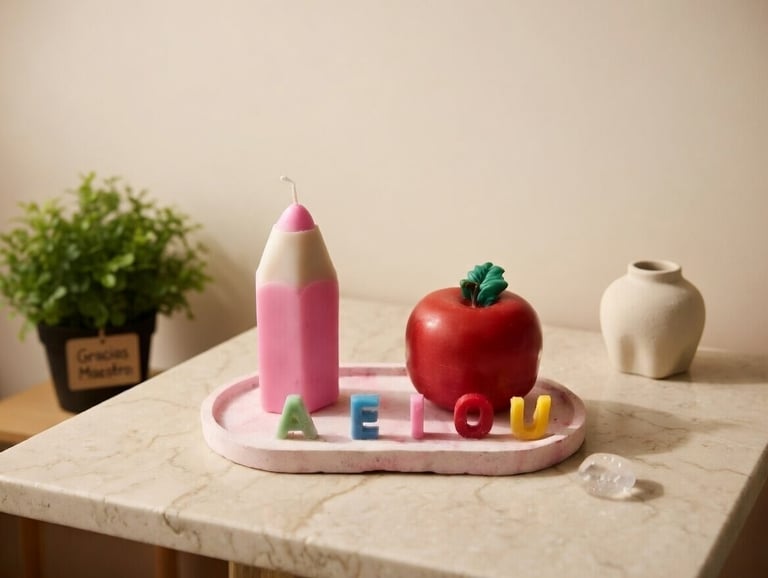Pencil and apple shaped candles with AEIOU vowel letters on a pink marble tray.
