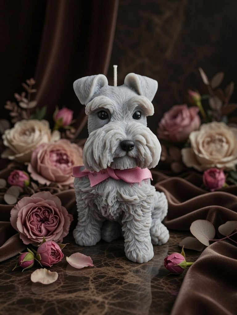 Handcrafted grey Schnauzer dog shaped candle with pink bow and floral decor.