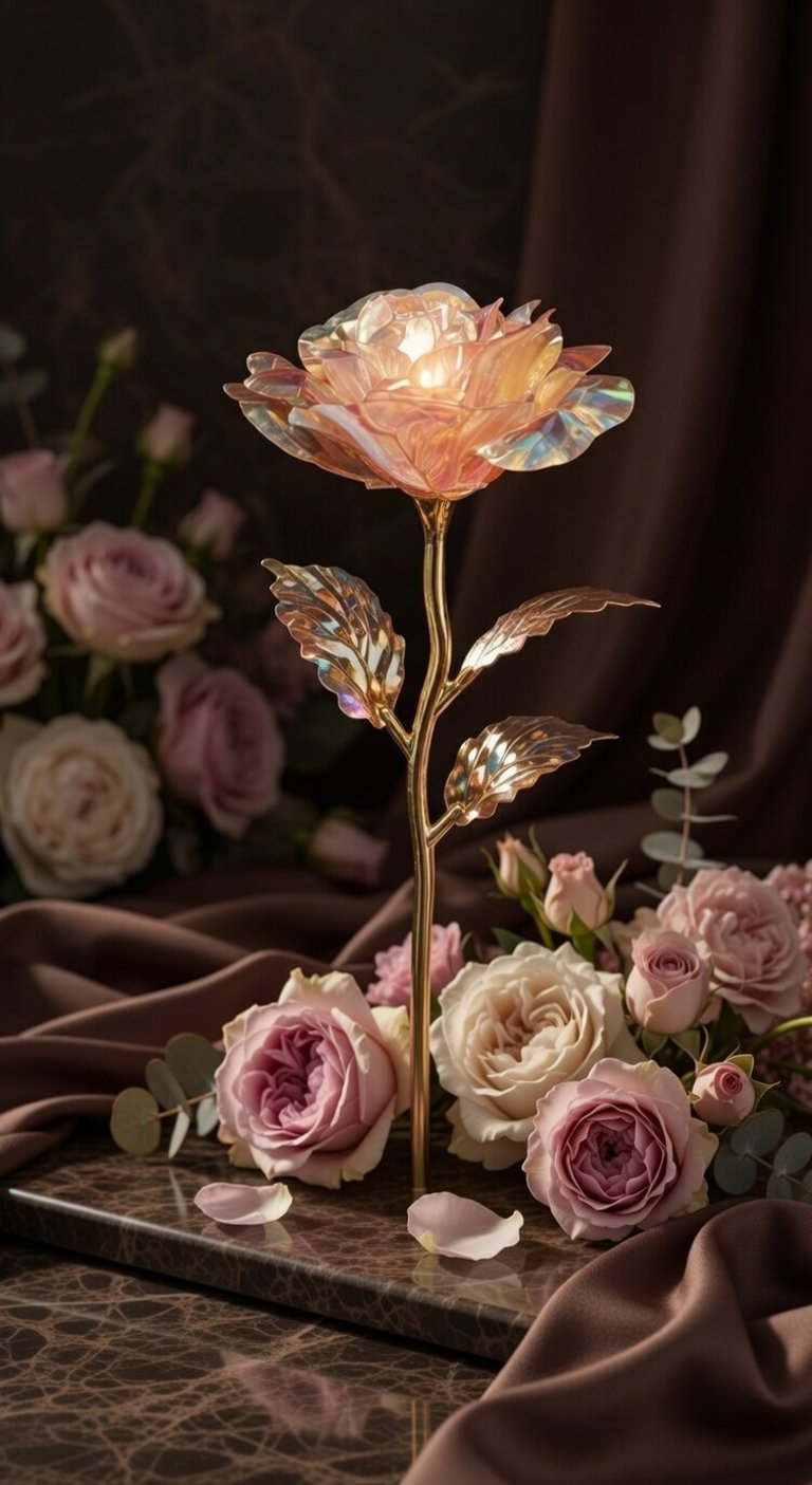 Iridescent glass rose with a gold stem glowing among fresh pink and white roses on marble.
